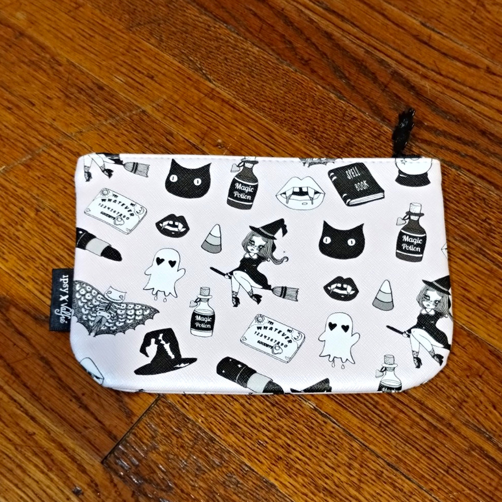 Ipsy Ghost Pink Cosmetic Bag Spooky Witch Print Halloween Makeup Pouch New
